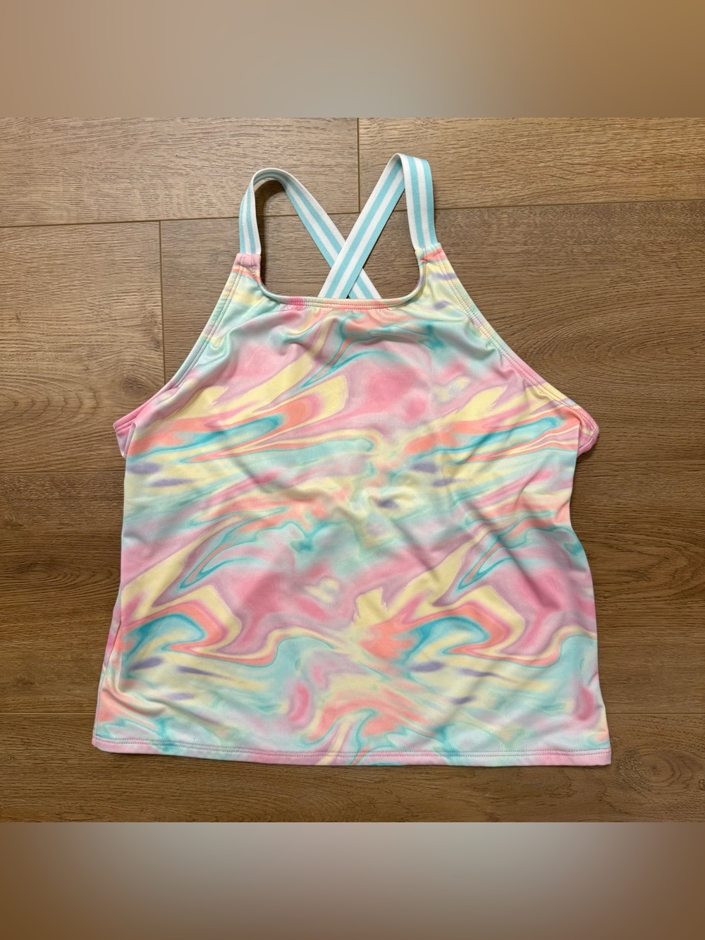 NWOT Lands End Girls Strappy X-Back Tankini Swim Top Pastel Swirly Design Sz. 16